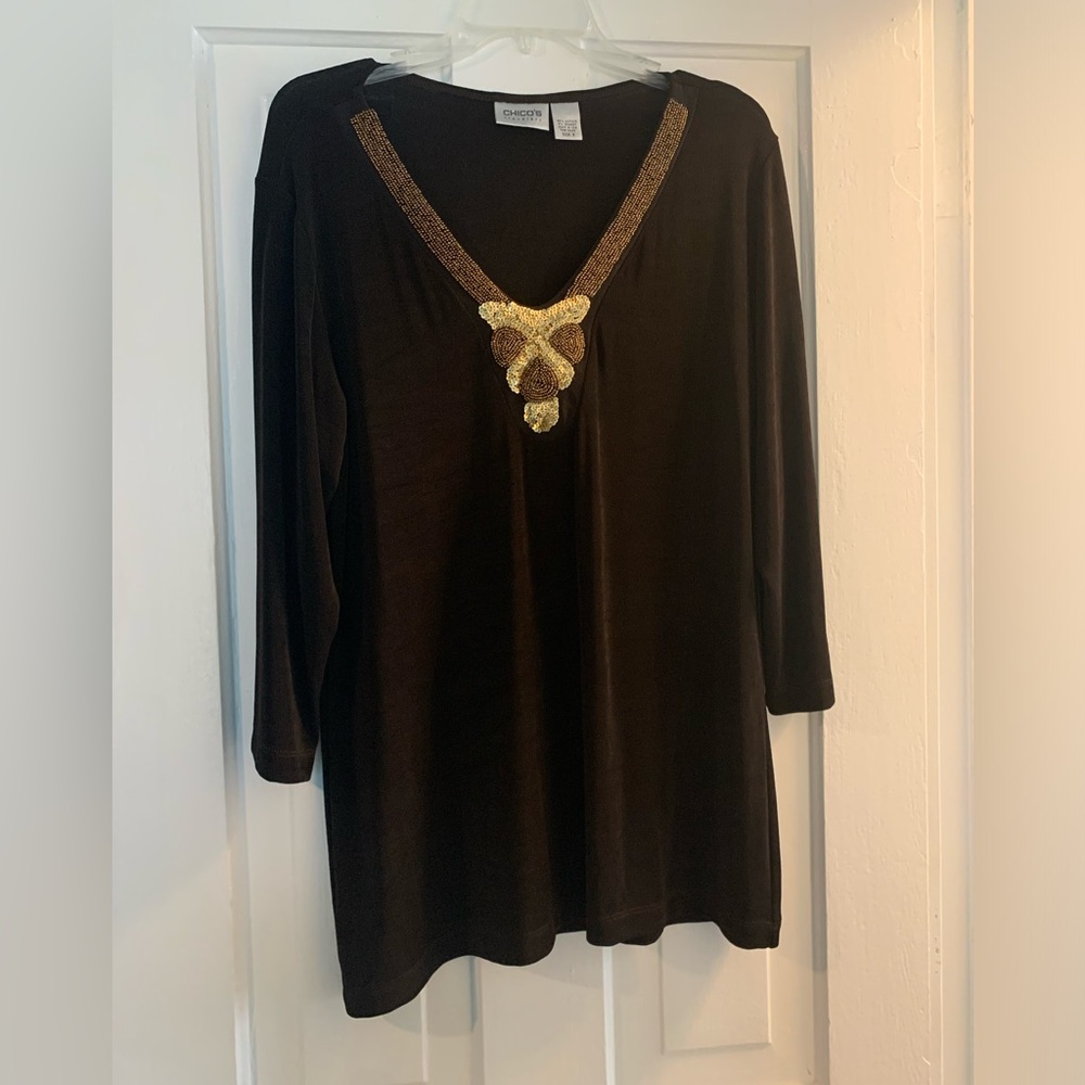 Chico's Brown Top with Gold Accents beading sequins